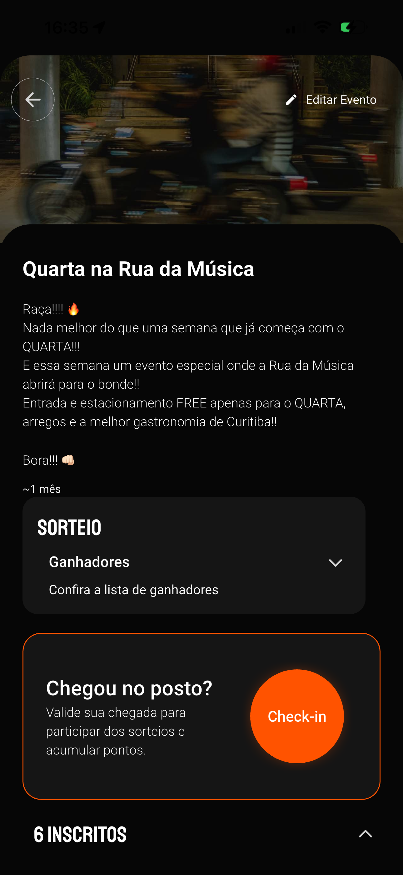 Tela de detalhe de evento com check-in no aplicativo QUARTA